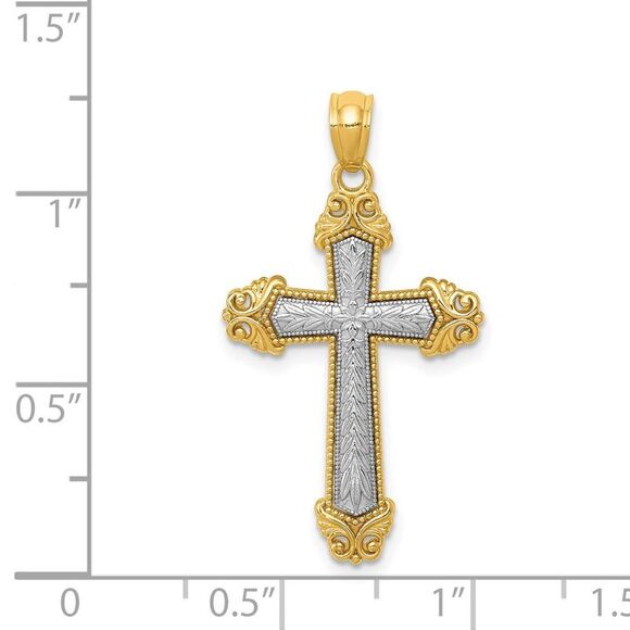 14k Two Tone Gold Ornate Cross Pendant, 17 x 31mm - Picture 4 of 5
